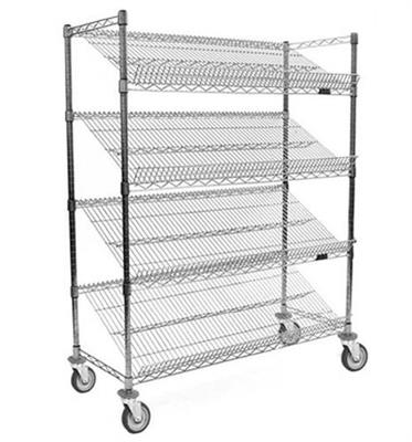 Angled Shelf/Visual Merchandising Cart, 4‐tier, 36"W x 18"D x 68"H, Reversible Wire Shelves w/Adjust
