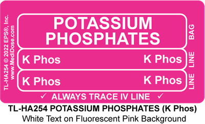 Line Tracing Label - POTASSIUM PHOSPHATES (K Phos), White Text, Fluorescent Pink Background, 1000/EA
